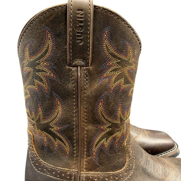 Justin Western Boots Kids Rugged Tan Buffalo 4.5D Embroidered Square Toe SK4681 - Picture 5 of 15